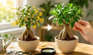 モンステラの黄色い葉と茶色い葉の違いを比較した症状イメージ