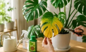 黄色くなったモンステラの葉を剪定して対処している管理イメージ