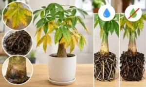 水のやりすぎで葉が黄色くなったパキラと根腐れした根の比較イメージ