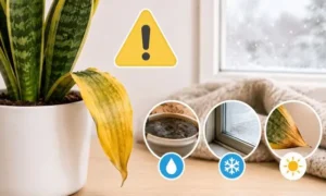 冬にサンスベリアの葉が黄色くなる原因を解説した画像｜寒さ・水のやりすぎ・窓際管理の注意点