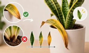 サンスベリアの外側の葉が枯れる原因を解説した画像｜寿命と根腐れの違い・見分け方
