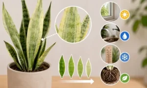 サンスベリアの葉の色が薄い原因を解説した画像｜日照不足・水やり・寒さ・根詰まりのチェックポイント