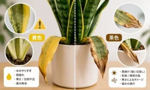 サンスベリアの葉が黄色くなる症状と茶色くなる症状の違いを比較した画像｜根腐れ・葉焼け・乾燥の見分け方