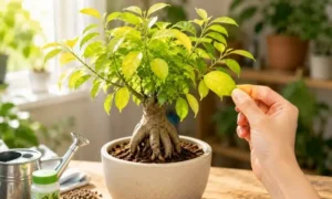 ガジュマルの葉が黄緑・薄い色になる原因を確認している様子｜日光不足や栄養不足のサインイメージ