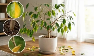 ベンジャミンの葉が黄色くなって落ちる原因を確認している観葉植物の管理イメージ