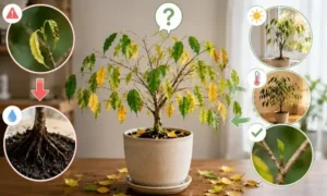ベンジャミンの新芽が落ちる原因と回復サインを比較した観葉植物の管理イメージ