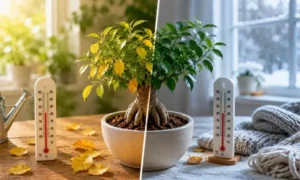秋冬の温度変化でガジュマルの葉が黄色くなる様子｜寒さによる落葉と室内管理のイメージ