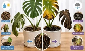 モンステラの乾燥と根腐れを比較した診断画像｜葉が垂れる・黒くなる症状の違いを解説