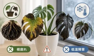モンステラの葉が黒くなる原因を比較した画像｜根腐れと低温障害の症状の違いを解説