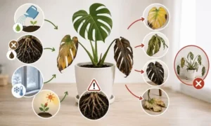 モンステラが枯れる原因と葉が落ちる流れを解説した画像｜根腐れ・寒さ・水やり失敗の症状比較