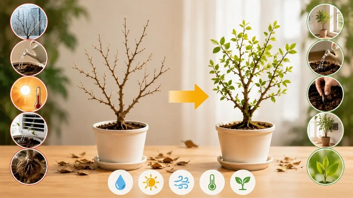 ベンジャミンの葉が全部落ちた原因と復活方法を解説するアイキャッチ画像｜寒さ・水やり・置き場所による枯れサインと対処法
