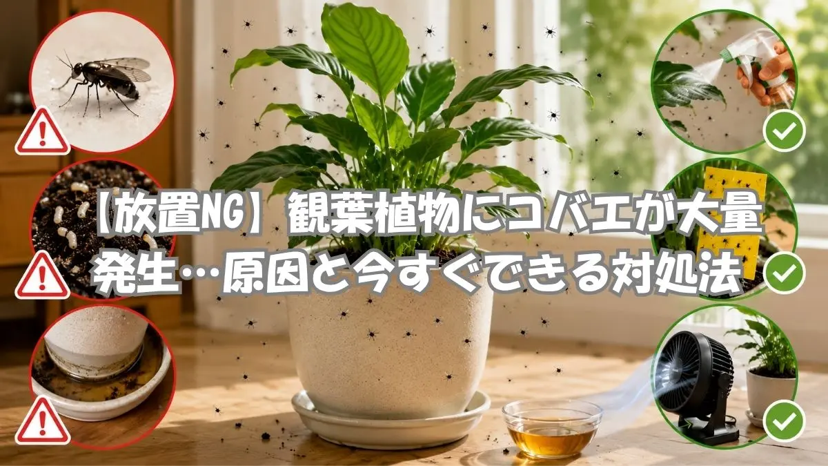 観葉植物に大量発生したコバエの原因と対処法をまとめたイメージ｜湿った土・幼虫・受け皿の水と駆除対策