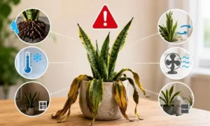 サンスベリアが急に枯れる原因を解説する画像|根腐れ・寒さ・日照不足・風通し悪化の危険サイン