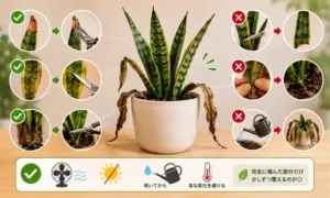 サンスベリアの枯れた葉の切り方を解説する画像|傷んだ部分を整理する正しい剪定方法と注意点
