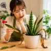 サンスベリアの葉が落ちて困る女性の様子を使ったアイキャッチ画像｜根腐れや枯れるサインの原因と対処法を解説
