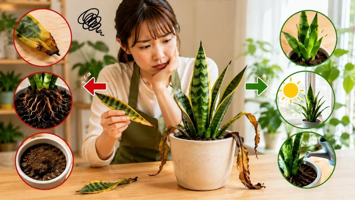 サンスベリアの葉が落ちて困る女性の様子を使ったアイキャッチ画像｜根腐れや枯れるサインの原因と対処法を解説