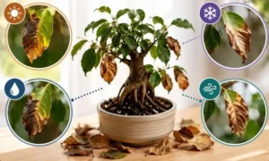 ガジュマルの葉が茶色く枯れる原因を乾燥・寒さ・水やり別に比較した症状チェック画像