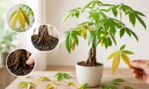 パキラの葉っぱが黄色く落ちる原因と根腐れの見分け方を確認している様子