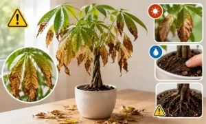パキラの葉っぱが茶色く枯れて落ちる原因と根腐れ・乾燥の危険サインを確認する様子
