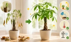 弱ったパキラが新芽を出して復活する管理方法と水やり・置き場所の改善イメージ