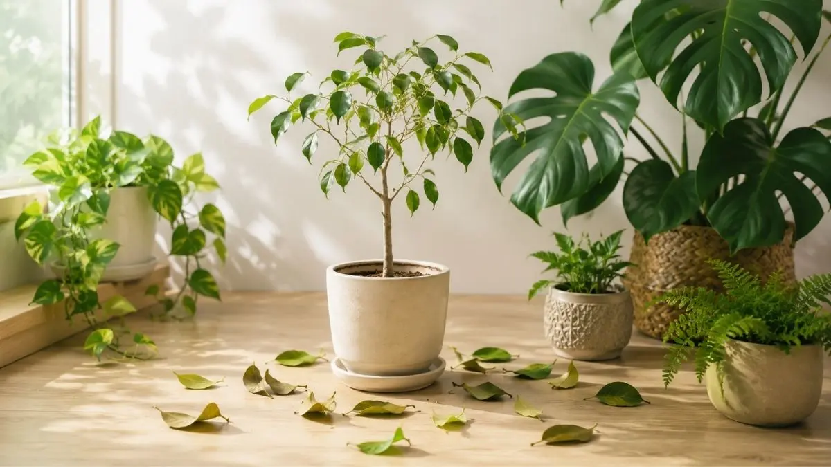 観葉植物の葉がポロポロ落ちる症状をイメージした室内グリーンと落葉した葉
