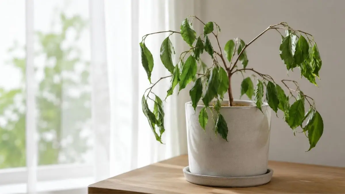 元気がなく葉がしおれた観葉植物の症状イメージ