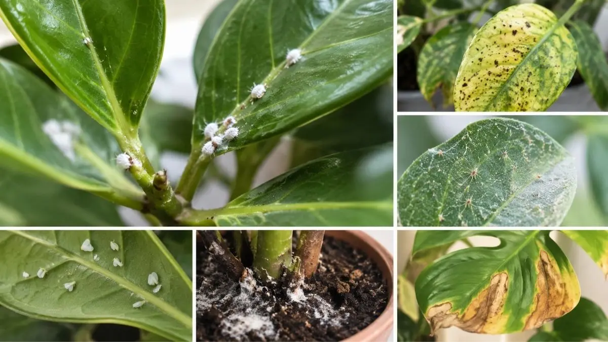 観葉植物に発生した虫や病気の症状イメージ