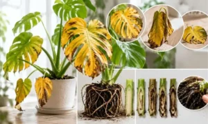 モンステラの根腐れで葉っぱが黄色い・しおれる・落ちる症状を比較した画像