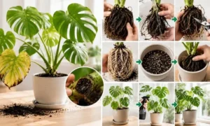 モンステラの根腐れ対処方法を順番に解説した画像｜腐った根の処理と植え替え手順