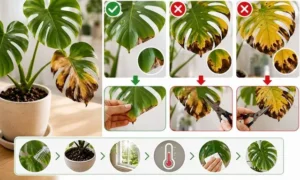 モンステラの葉っぱが茶色いときに切るべきか判断する画像｜残す葉と切る葉の違い