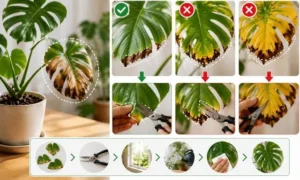 モンステラの茶色い葉をどこで切るか比較した画像｜切る位置と残すべき部分の判断基準