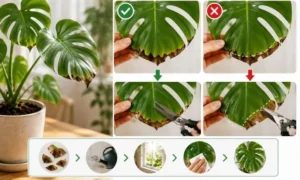 モンステラの葉先が茶色い時の切り方を比較した画像｜枯れた部分だけ切る方法とNG例