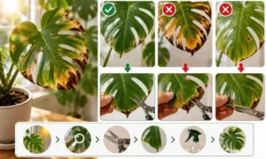 葉焼けで茶色くなったモンステラの葉をどこから切るか比較した画像｜切り方とNG例を解説