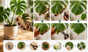 モンステラの茶色い葉を剪定する方法を比較した画像｜失敗しない切り方と葉の整え方