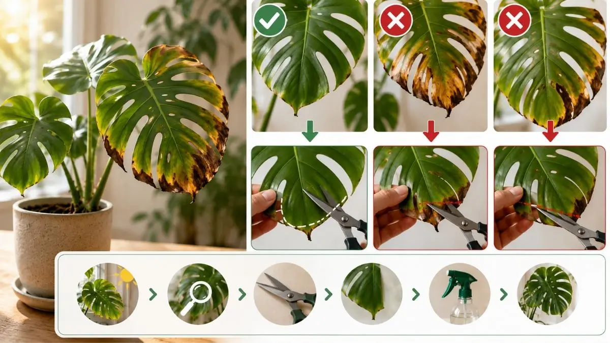 モンステラの茶色い葉の剪定方法を比較したアイキャッチ画像｜切る位置と失敗しない整え方