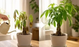 水切れでしおれたパキラが水やり後に回復していく様子のイメージ