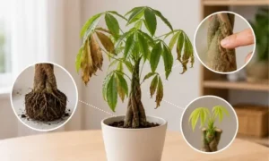 葉が枯れたパキラの根・幹・新芽の状態を確認しているイメージ画像