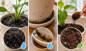 観葉植物にコバエが発生する原因を比較したイメージ｜湿った土・受け皿の水・有機肥料による増殖環境