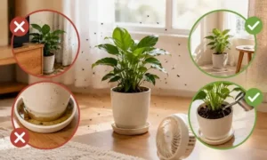 観葉植物にコバエが増えやすい置き場所と管理方法を比較したイメージ｜風通し不足・受け皿の水・室内管理の違い