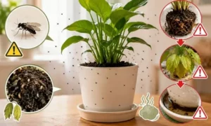 観葉植物のコバエを放置した時の危険サインを示すイメージ｜根腐れ・葉の黄変・悪臭・幼虫発生の状態