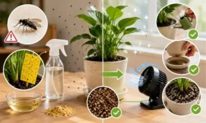観葉植物のコバエを駆除して再発を防ぐ方法をまとめたイメージ｜スプレー・粘着シート・風通し改善・受け皿管理