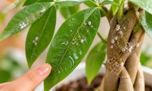 パキラの葉と幹がベタベタして白い虫が付いている様子｜カイガラムシ被害の症状