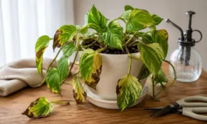 葉先が茶色く枯れたポトスの症状例｜乾燥や根腐れで弱った観葉植物の様子