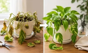 弱ってしおれたポトスが元気を取り戻した比較画像｜復活前後の観葉植物の変化