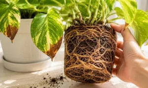 根詰まりでポトスの根が鉢いっぱいに回り葉先が茶色く傷んだ状態｜植え替えサインの症状例