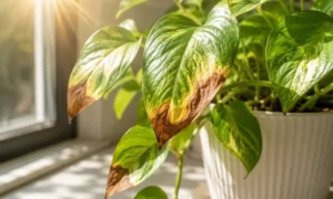 直射日光でポトスの葉先が茶色く葉焼けした状態｜強い光によるダメージ症状