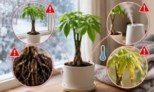 冬にパキラが根腐れする原因を解説した画像｜寒さ・加湿・水やり過多による葉の黄化と根腐れ症状