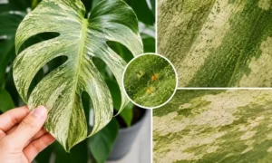 モンステラの葉が白くかすれる症状とハダニによる吸汁被害の特徴を比較した画像