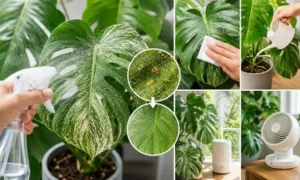 モンステラのハダニを葉水や拭き取りで駆除し、加湿や風通しで再発防止している管理方法の画像