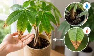 パキラの葉先が茶色く乾燥する原因として、水不足による葉先の枯れ症状を解説した画像